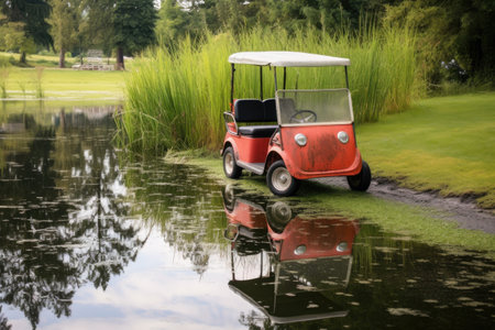 golf cart parked by a water hazard on the course, created with generative aiの素材