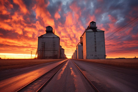 dramatic sunset behind a row of grain elevators, created with generative aiの素材