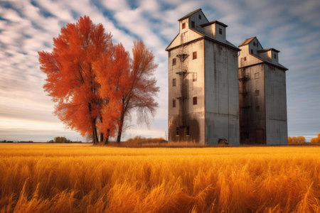 grain elevators in changing seasons, contrasting colors, created with generative aiの素材