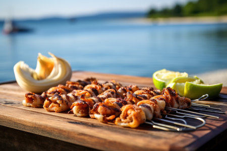grilled calamari on a wooden board with a beach view, created with generative aiの素材