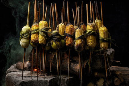 corn on the cob on skewers over hot coals, created with generative aiの素材