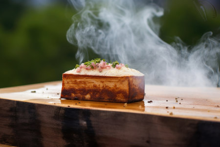 smoke rising from grilling goat cheese on cedar plank, created with generative aiの素材