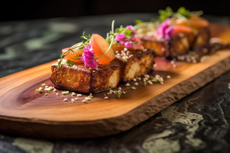 finished cedar plank grilled halloumi served on plate, created with generative aiの素材