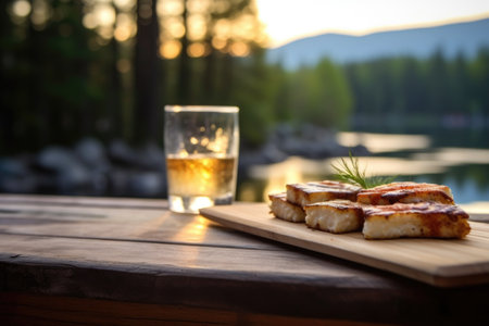 grilled halloumi on cedar plank in a serene outdoor setting, created with generative aiの素材