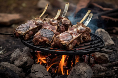 rustic outdoor cooking - lamb chops on campfire coals, created with generative aiの素材