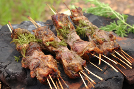 lamb chops marinated, ready for campfire grilling, created with generative aiの素材