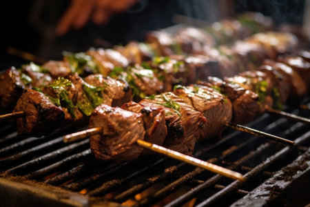 close-up of lamb kebabs on a smoky bbq grill, created with generative aiの素材