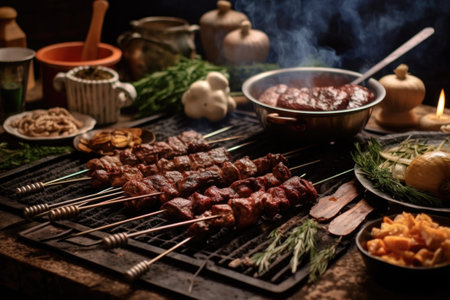 grilling tools and spices near lamb kebabs on bbq, created with generative aiの素材