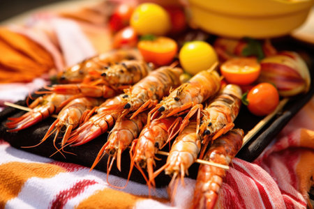 close-up of grilled langoustines with beach towel and sunhat, created with generative aiの素材