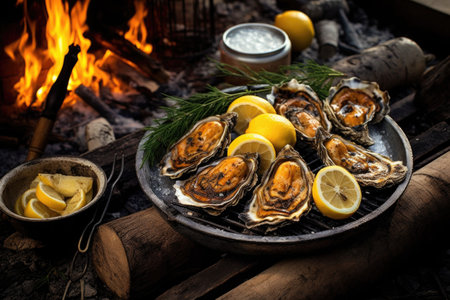 grilled oysters served on a wooden table with lemon wedges, created with generative aiの素材