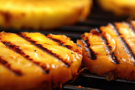 close-up of grill marks on juicy pineapple slice, created with generative aiの素材