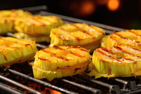 pineapple slices sizzling on a hot bbq grill, created with generative aiの素材