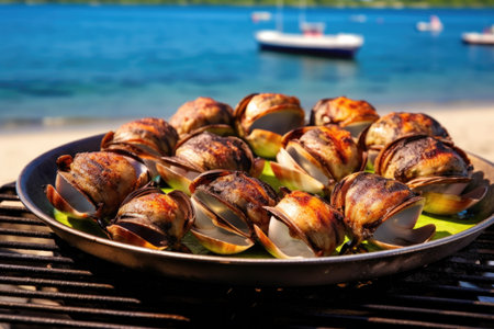 quahogs on grill with beautiful beach background, created with generative aiの素材