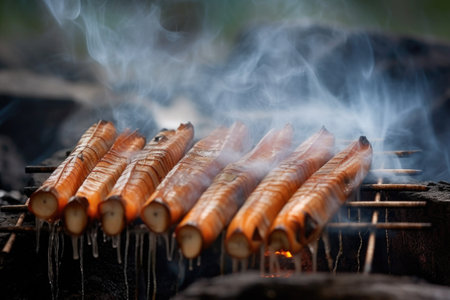 grilling razor clams with smoke rising up, created with generative aiの素材
