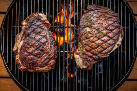 top view of ribeye steaks cooking on a charcoal grill, created with generative aiの素材