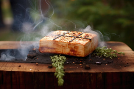 tofu on cedar plank, smoke rising from grill, created with generative aiの素材
