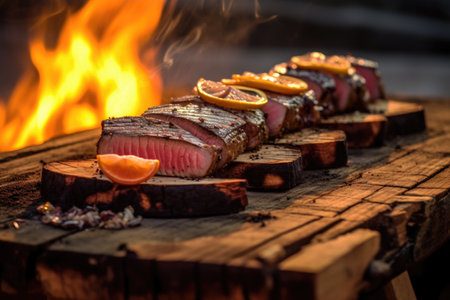 charred cedar plank with cooked tuna steaks, created with generative aiの素材