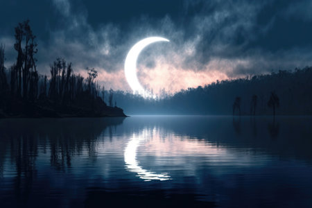 halo around moon above calm lake reflection, created with generative aiの素材