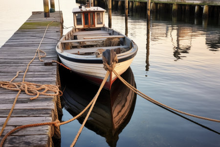 wooden boat floating near dock with mooring ropes, created with generative aiの素材