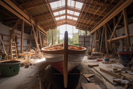 wooden boat under construction in a boatbuilders workshop, created with generative aiの素材