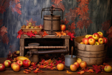 vintage apple press with colorful autumn leaves around it, created with generative aiの素材