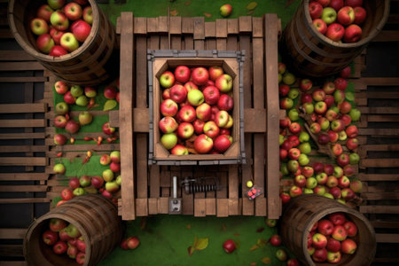 overhead view of a wooden apple press surrounded by apple crates, created with generative aiの素材
