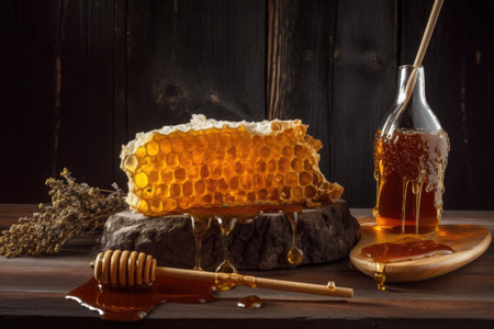 honey dripping from honeycomb on rustic table, created with generative aiの素材
