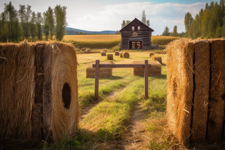 hay bale maze with a rustic wooden sign showing directions, created with generative aiの素材