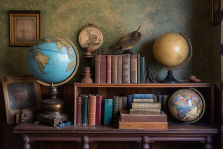 vintage globe and antique books in a corner, created with generative aiの素材