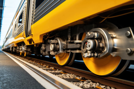 close-up of high-speed train wheels on tracks, created with generative aiの素材
