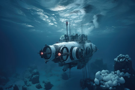 advanced submarine navigating through icy arctic waters, created with generative aiの素材
