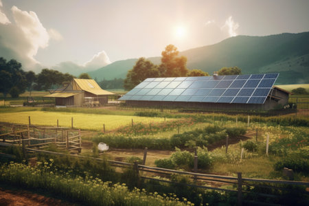 solar panels powering a smart farm, created with generative aiの素材