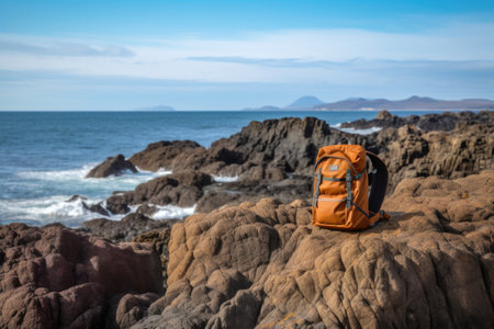 backpack on a rocky coastline, ocean in the background, created with generative aiの素材