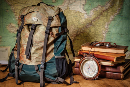 hiking backpack next to a map and compass, created with generative aiの素材
