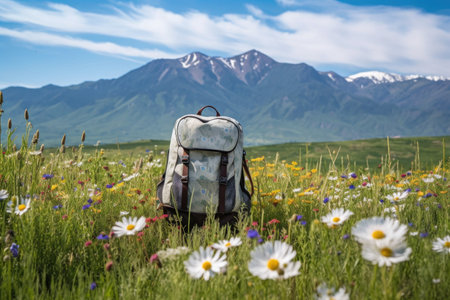 backpack in a field of wildflowers and mountain backdrop, created with generative aiの素材