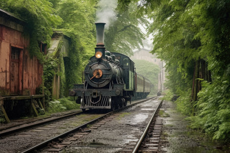 old railway track with a restored steam engine, created with generative aiの素材