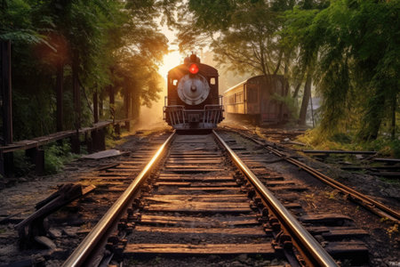 train tracks leading to restored locomotive, created with generative aiの素材