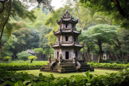 ancient stone pagoda in temple garden, created with generative aiの素材