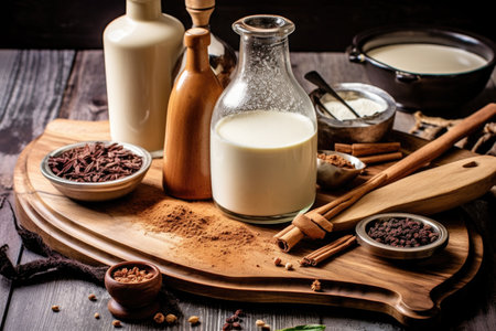 ingredients of homemade baileys with a recipe card on a wooden board, created with generative aiの素材