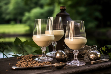 homemade baileys in elegant glasses surrounded by nature, created with generative aiの素材