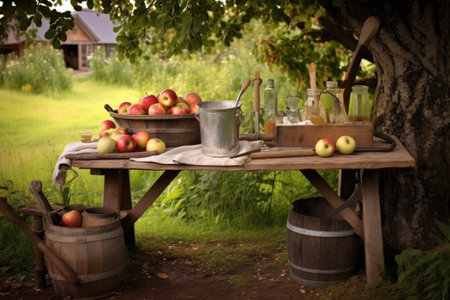 cider making tools, apples, and outdoor picnic table setting, created with generative aiの素材