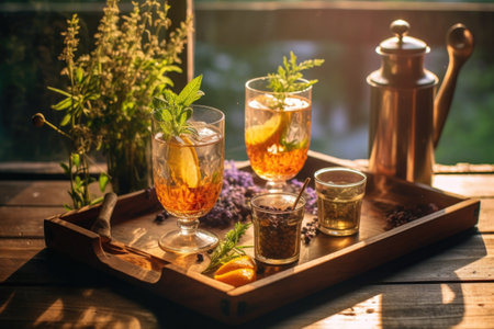 sunlit gin cocktails on rustic wooden tray, created with generative aiの素材