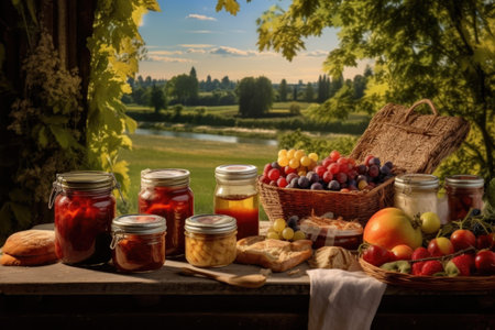 delicious fruit preserves in a countryside setting, created with generative aiの素材