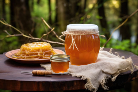kombucha brewing jar with scoby on picnic table, created with generative aiの素材