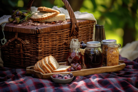 picnic basket with root beer and sandwiches, created with generative aiの素材