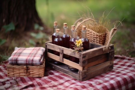 rustic wooden crate with sarsaparilla bottles and picnic blanket, created with generative aiの素材