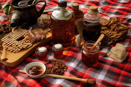sarsaparilla making setup on a checkered picnic blanket, created with generative aiの素材