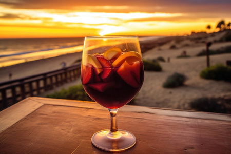 a refreshing glass of sangria with a beach sunset in the distance, created with generative aiの素材