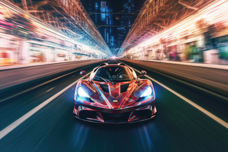 wide-angle shot of hypercar cruising through urban canyon, created with generative aiの素材