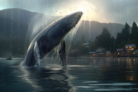 humpback whale diving after completing bubble net, created with generative aiの素材